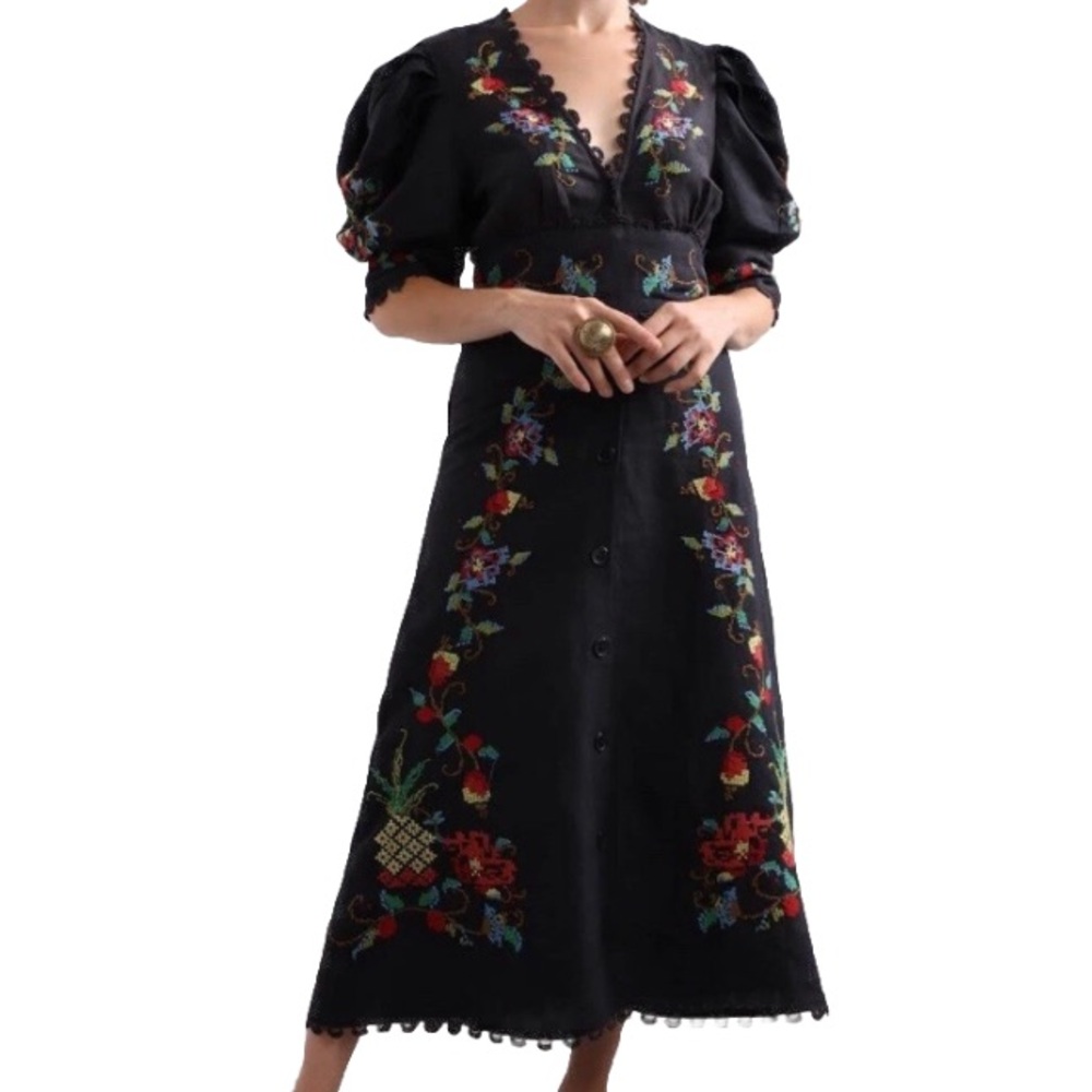 FARM Rio Dress Midi NWT Black Linen XL Cross Stitch Embroidery Puff Sleeve Vee - Picture 3 of 16